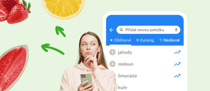 Žena s telefonem vedle seznamu oblíbených položek jako jahody a meloun