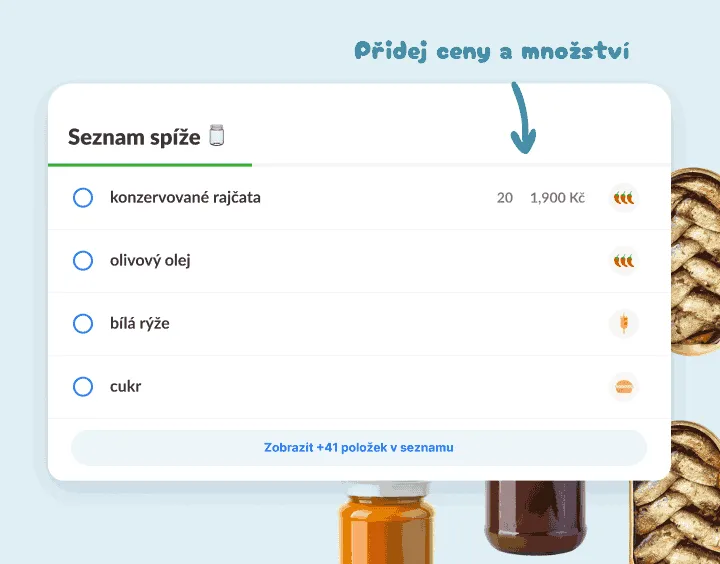 Seznam spíže: konzervovaná rajčata, olivový olej, rýže a cukr, jedna s cenou