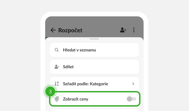 Nabídka seznamu s hledáním, sdílením a řazením a dosud vypnutým přepínačem cen