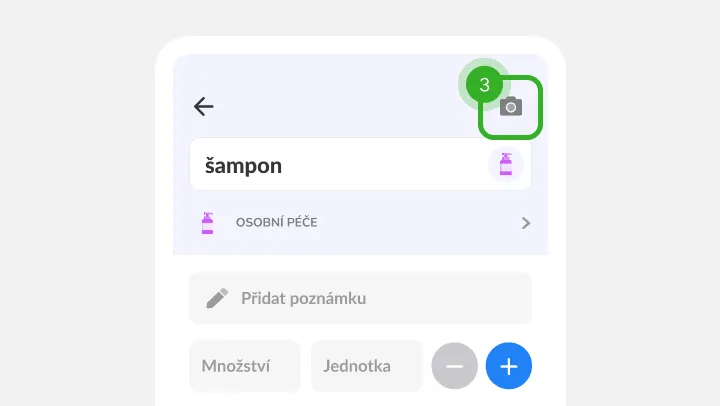 Detail položky šampon s poli poznámky a množství a označenou ikonou v rohu
