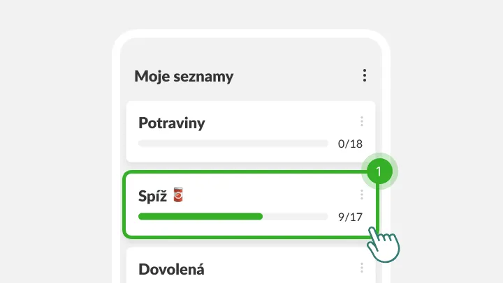 Obrazovka Moje seznamy se zvýrazněným seznamem Spíž, na který ťuká prst