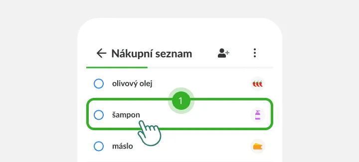 Prst ťuká na položku šampon mezi olivovým olejem a máslem v nákupním seznamu