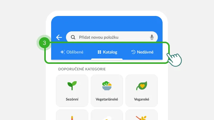 Obrazovka hledání položek se třemi kartami jako krok tři, pod nimi kategorie