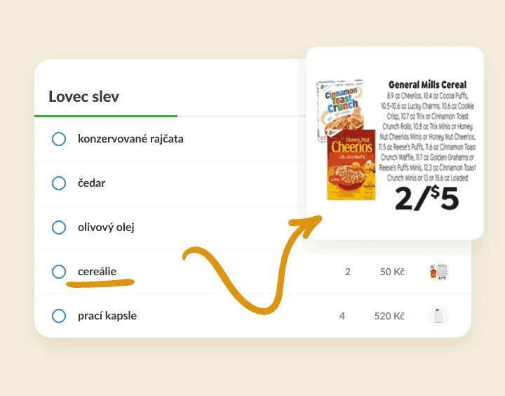 Cereálie v seznamu slev propojené s výstřižkem letáku s nabídkou cereálií