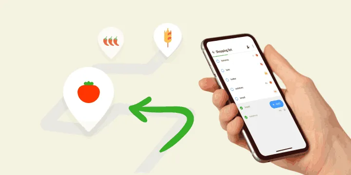 Mano con un telefono con la lista della spesa accanto a segnaposti dei reparti