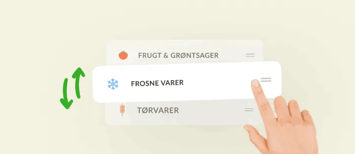 En finger trækker frosne varer mellem frugt og tørvarer for at ændre rækkefølgen