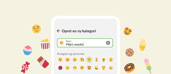 Skærm til ny kategori med et eget snacksnavn og en emojivælger, omgivet af slik