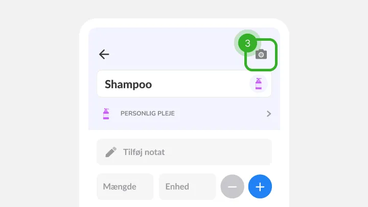 Detaljer for shampoo med felter til notat og mængde og markeret ikon i hjørnet