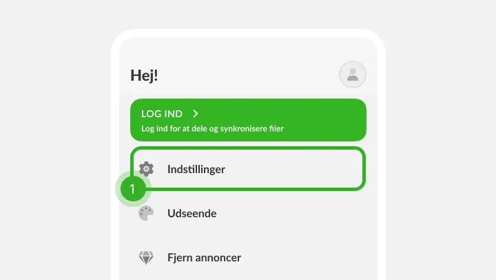 Profilmenu med et login-banner og rækken med tandhjul markeret som trin et