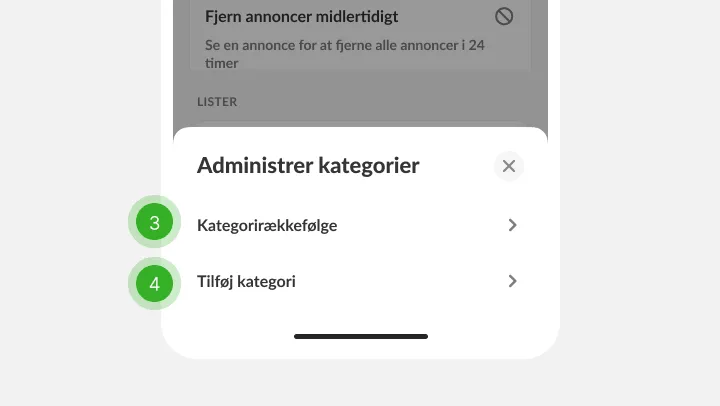 Kategoripanel med rækkefølge og tilføj, markeret som trin tre og fire