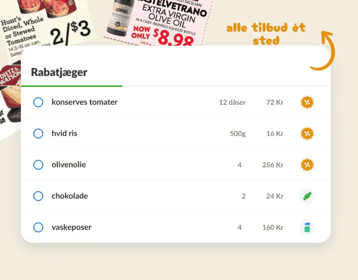 Tilbudsliste over reklamer, med nedsatte varer markeret med et procentikon