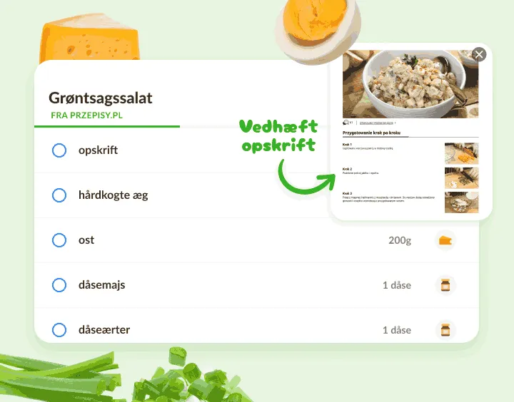 Salatliste med æg, ost, majs og ærter og en vedhæftet opskriftsside