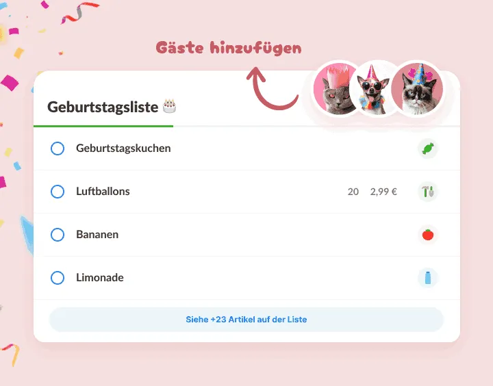 Geburtstagsliste: Kuchen, Luftballons, Limonade, als Gäste Tiere mit Partyhut