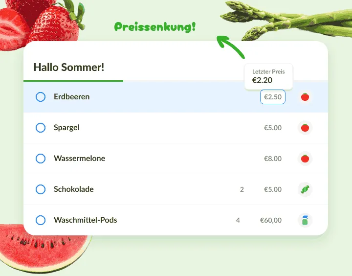 Sommerliste, auf der Erdbeeren unter dem zuletzt erfassten Preis liegen