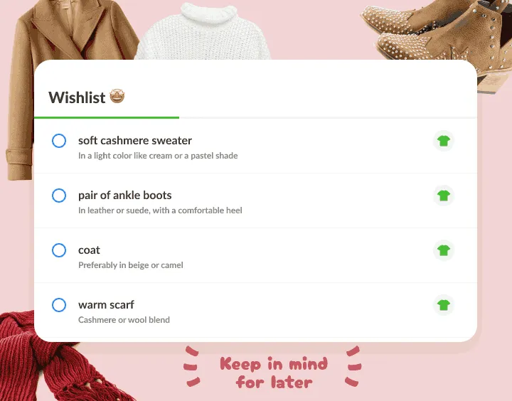 Wishlist of a sweater, boots, a coat and a scarf, with clothing photos around it