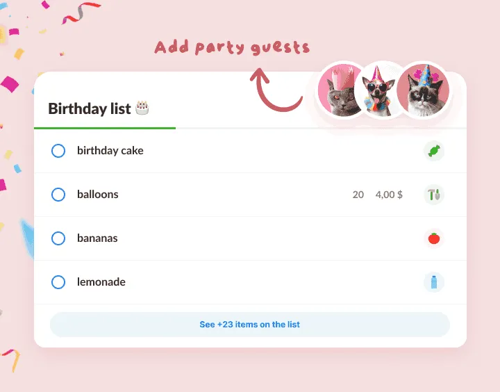 Birthday list with cake, balloons and lemonade, with party-hat pets as guests