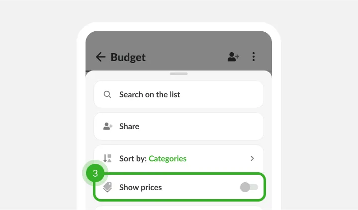 List menu with search, share and sort options and a price toggle still off
