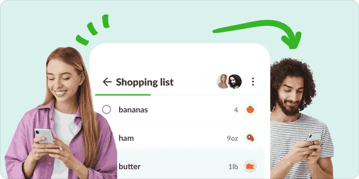 A woman and a man on their phones, with one shopping list shared between them