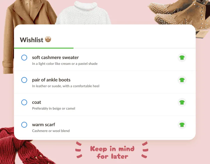 セーター、ブーツ、コート、マフラーの衣類のウィッシュリスト。それぞれにメモつき