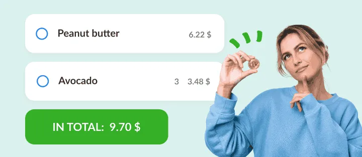 Woman holding a coin next to peanut butter and avocados with prices and a total