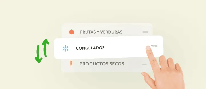 Un dedo arrastra la categoría Congelados entre frutas y productos secos