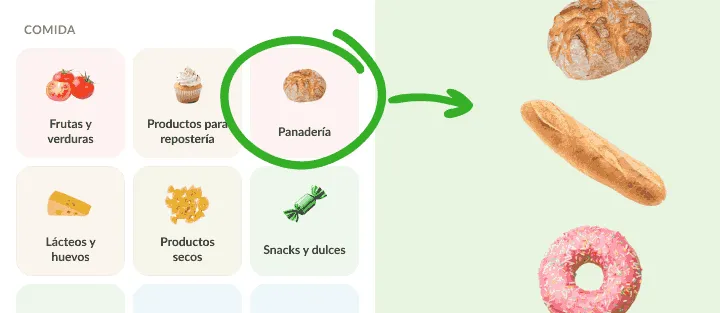 Categorías de Comida con Panadería rodeada junto a pan, una baguette y un dónut