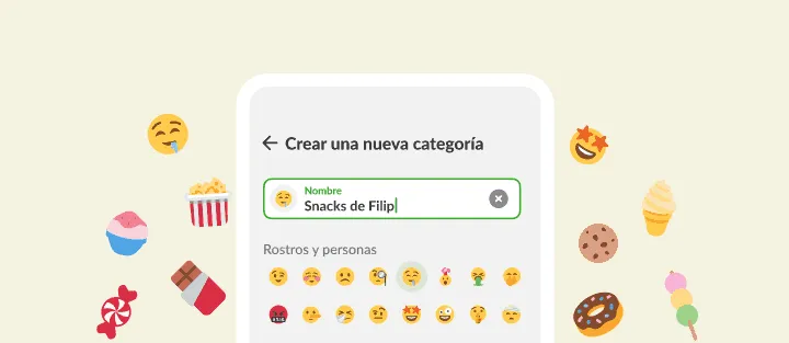 Nueva categoría llamada Snacks de Filip con selector de emoji, entre dulces