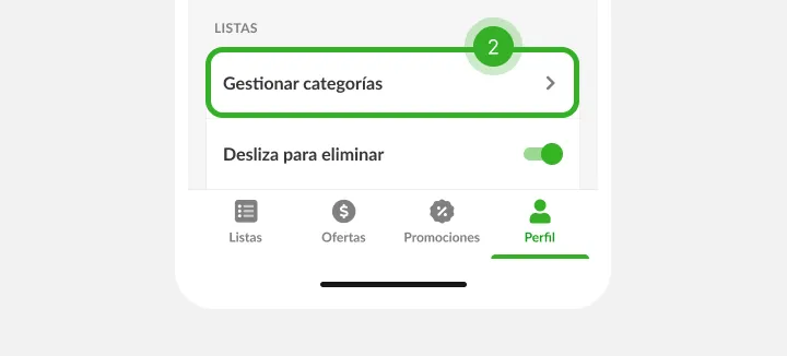 Pantalla de ajustes con opciones de lista como paso 2 sobre las pestañas