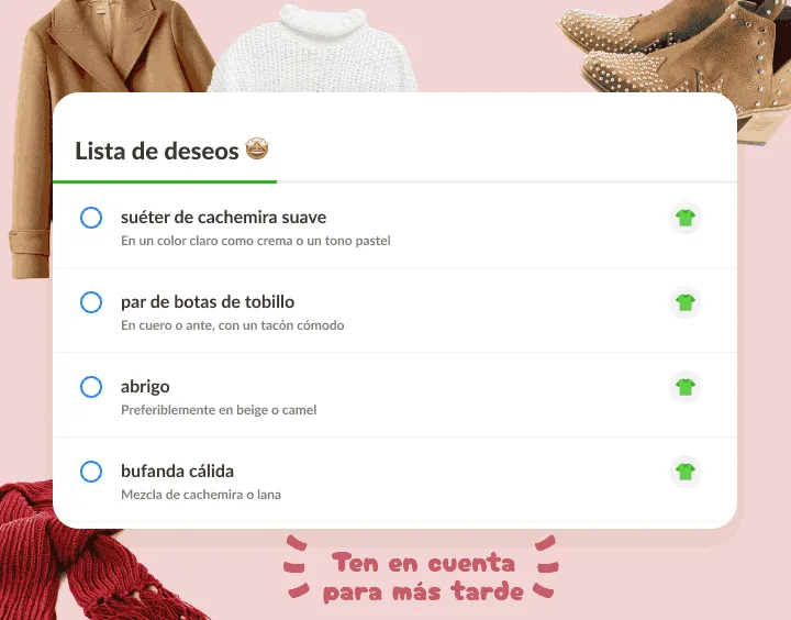 Lista de deseos de ropa: suéter, botas, abrigo y bufanda, cada uno con nota
