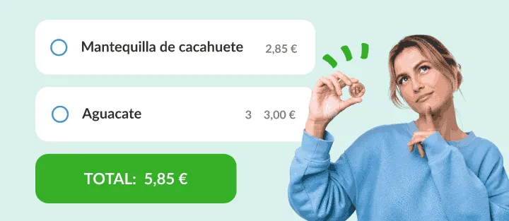 Mujer con moneda junto a mantequilla de cacahuete y aguacates, precios y total