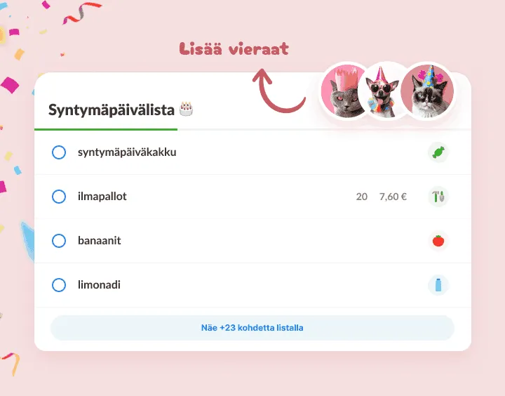 Syntymäpäivälista: kakku, ilmapallot ja limonadi, vieraina kissat juhlahatuissa