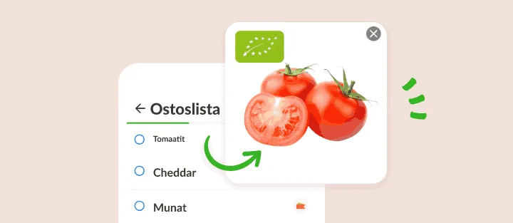 Tomaatit-tuote avattuna kuvaksi tomaateista, joissa EU:n luomulehtilogo