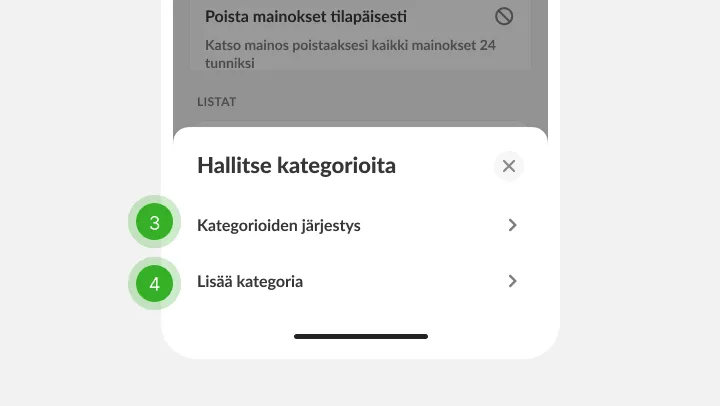 Luokkapaneeli, järjestys- ja lisäysvalinnat merkitty vaiheiksi kolme ja neljä
