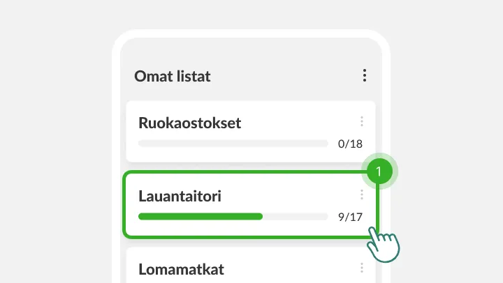 Omat listat -näkymä, sormi napauttaa korostettua Lauantaitori-listaa