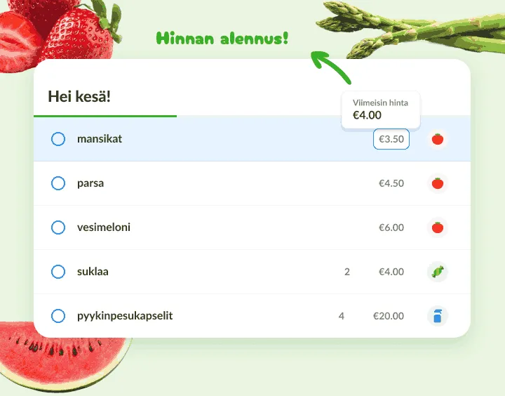 Kesälista, jossa mansikoiden hinta on alempi kuin viimeksi kirjattu