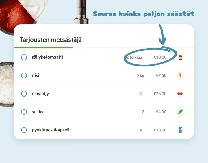 Lista isoista ostoksista, kuten 12 tölkkiä tomaatteja ja 5 kg riisiä, hinnoin
