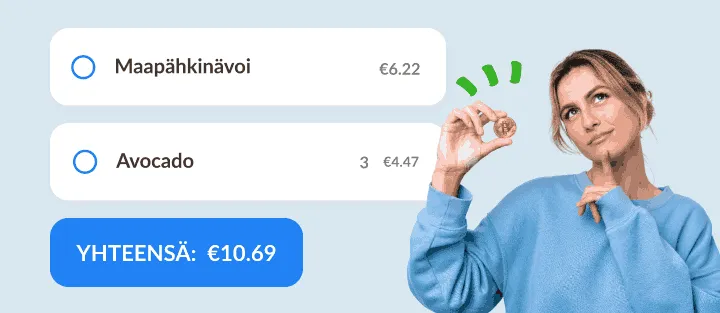 Mietteliäs nainen kolikko kädessä, vieressä kaksi hinnoiteltua tuotetta ja summa