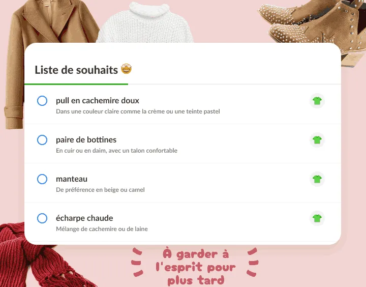 Liste de souhaits : pull, bottines, manteau et écharpe, entre photos d'habits