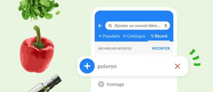 Onglet Récent avec poivron et fromage, à rajouter d'un simple toucher