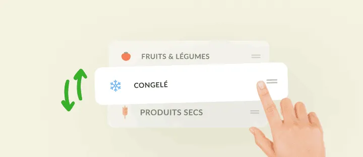 Un doigt fait glisser la catégorie Congelé entre fruits et produits secs