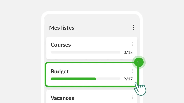 Écran Mes listes, la liste Budget en surbrillance sous un doigt qui tape
