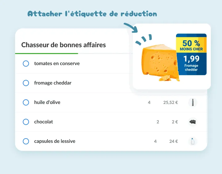Cheddar sur une liste de promos avec la photo de son étiquette à moitié prix