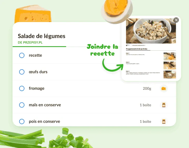 Liste Salade de légumes : œufs, fromage, maïs et pois, avec un aperçu de recette