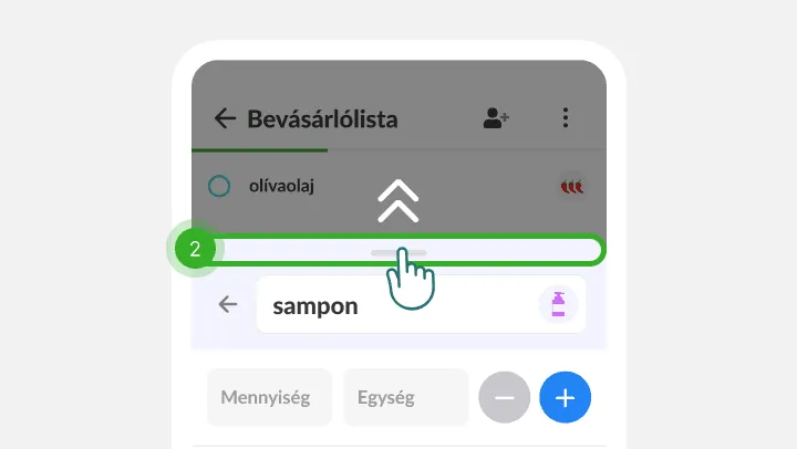 Egy ujj felfelé húzza a sampon adatlapját a bevásárlólista fölé
