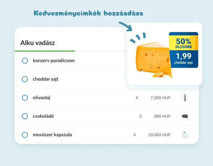 Cheddar sajt az akciós listán, csatolt fotóval a félárat mutató bolti címkéről