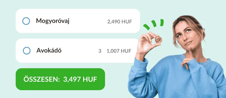 Érmét tartó nő mogyoróvaj és avokádó mellett, árakkal és végösszeggel