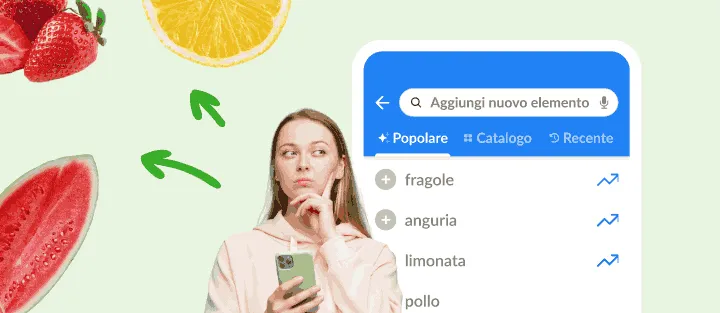 Donna con telefono accanto ad articoli popolari come fragole e anguria