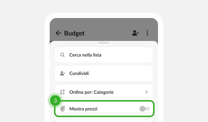 Menu della lista con cerca, condividi, ordina e l'interruttore prezzi spento