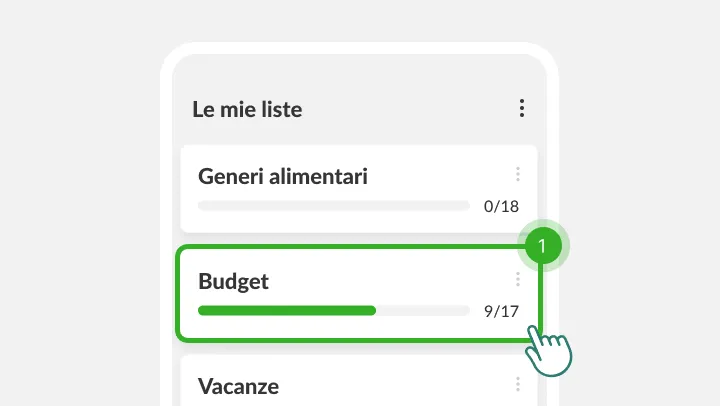Schermata Le mie liste con la lista Budget evidenziata sotto un dito che tocca