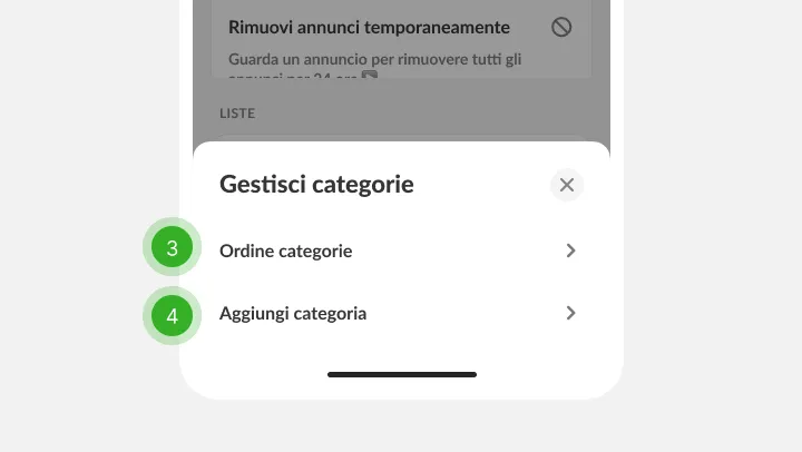 Pannello categorie con opzioni di ordine e aggiunta, segnate come passi 3 e 4